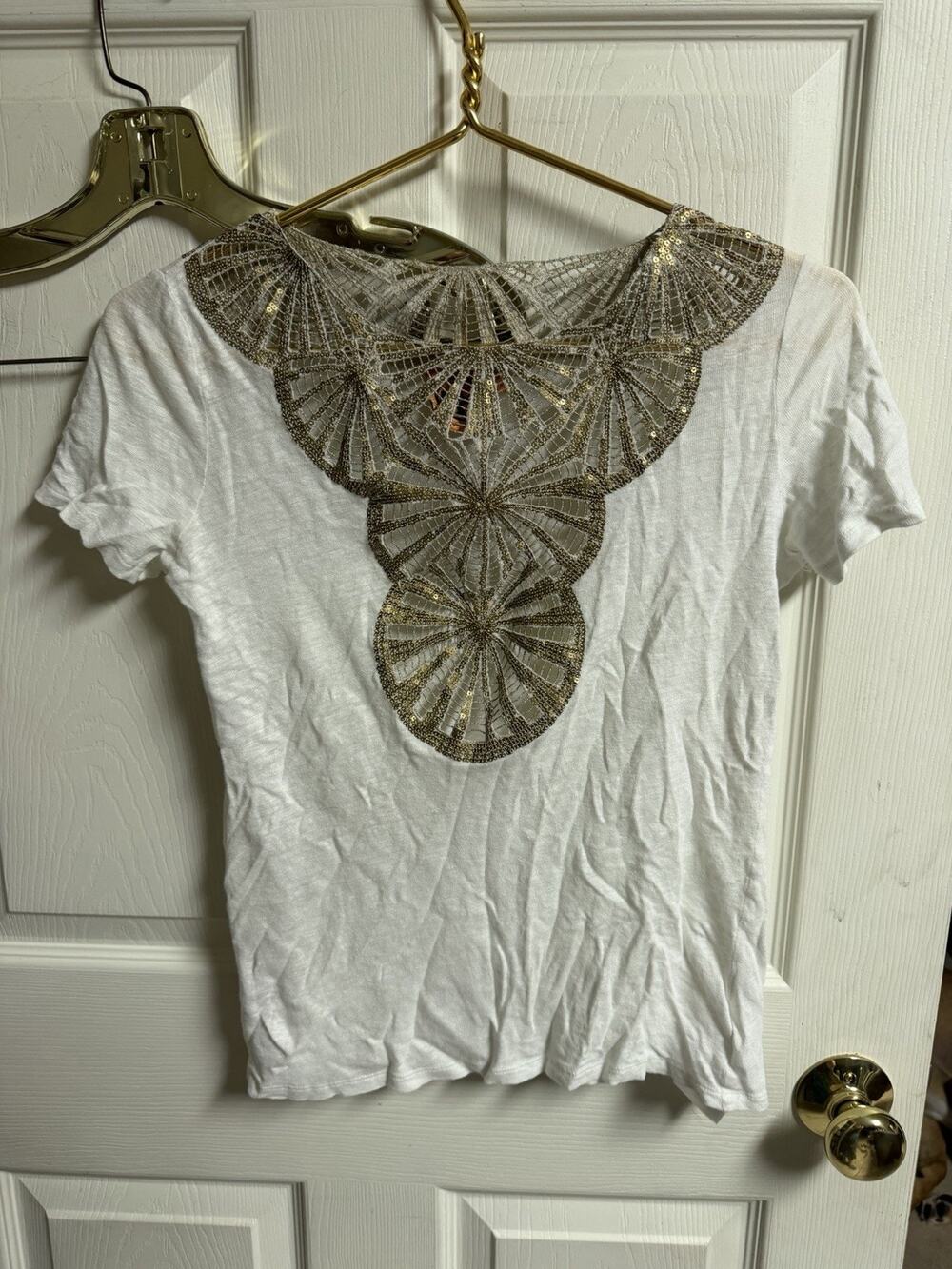 Tory Burch Size XS White Neck Geometric Embellished Gold (rip In Armpit) 36w